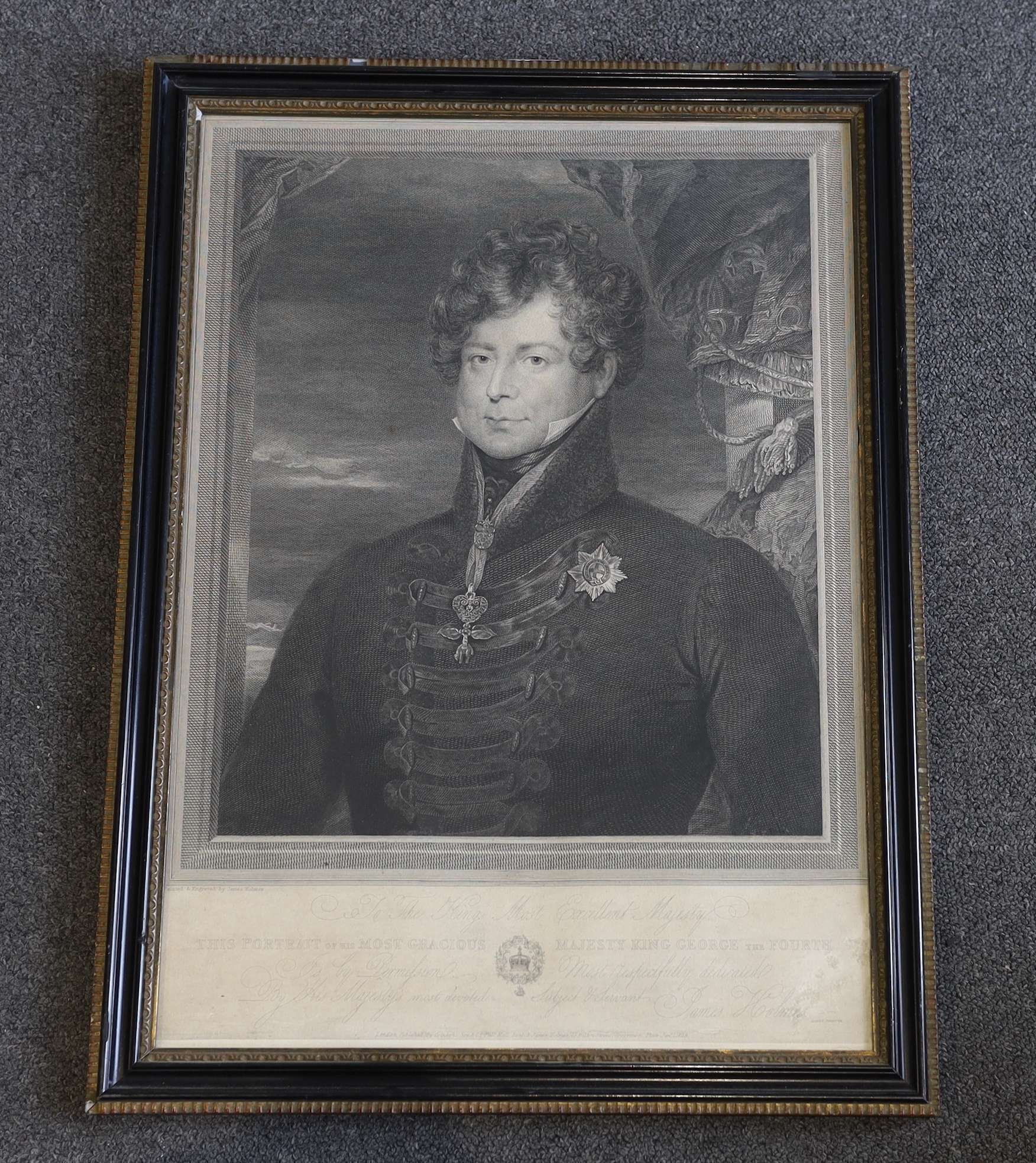 James Holmes (1777-1860), engraving, 'His Most Gracious Majesty King George IV', published by Holmes 1829, visible sheet 51 x 36cm